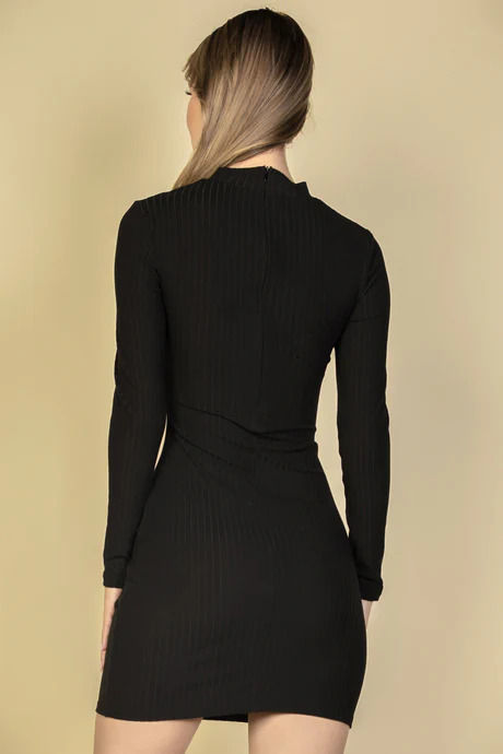 Thumbnail: Ribbed Cut Out Front Long Sleeve Bodycon Mini Dress
