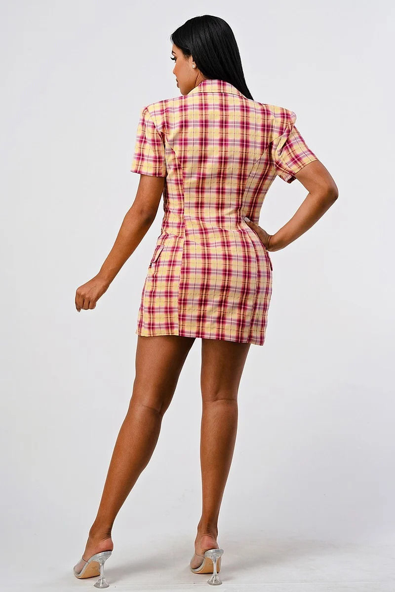 Thumbnail: Wide Collared Double Breasted Plaid Blazer Mini Dress