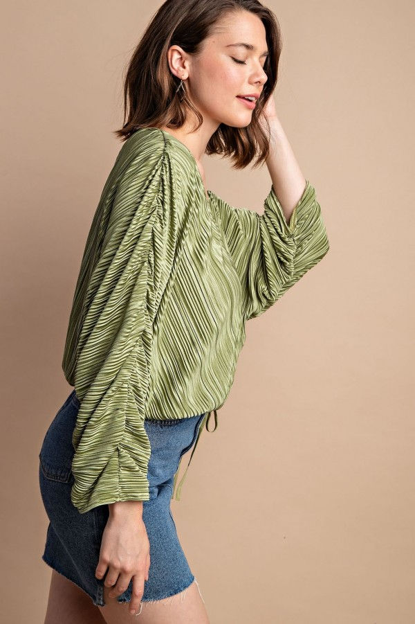 Thumbnail: Satin Pleated Drawstring Top With Snap Button
