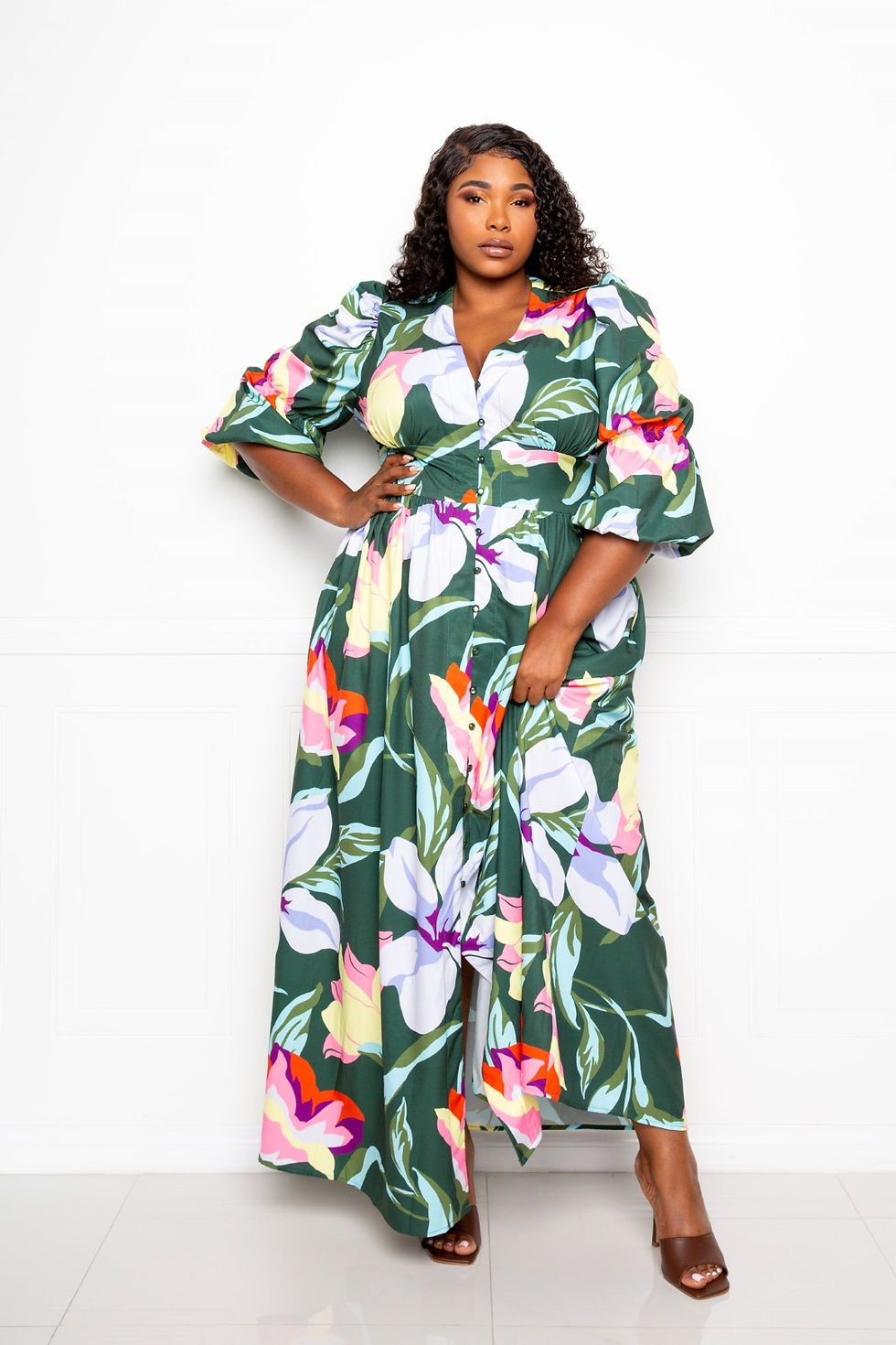 Thumbnail: Puff Sleeve Button Front Dress