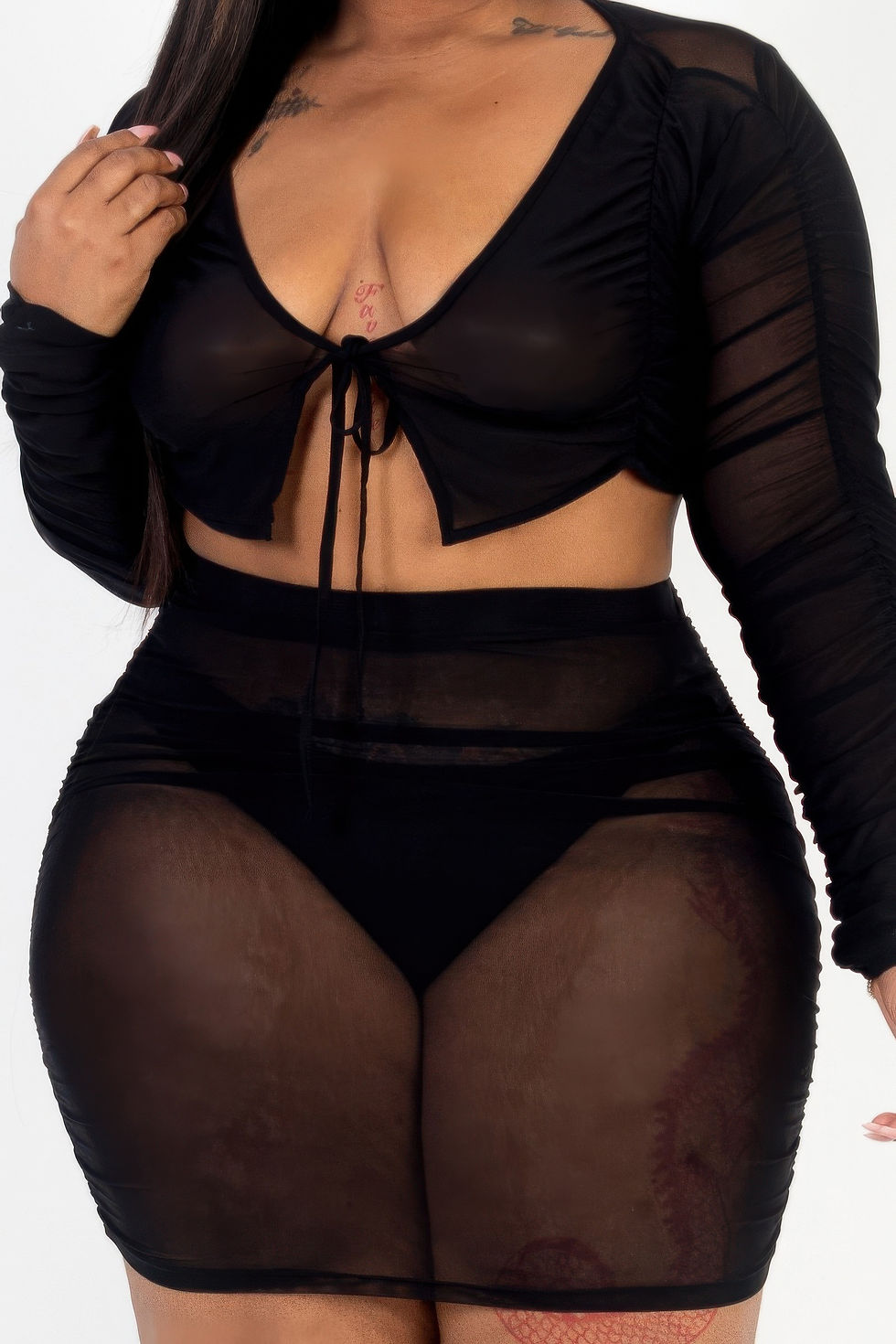 Thumbnail: Plus Size Sheer Mesh Tie Front Crop Top & Ruched Side Mini Dress
