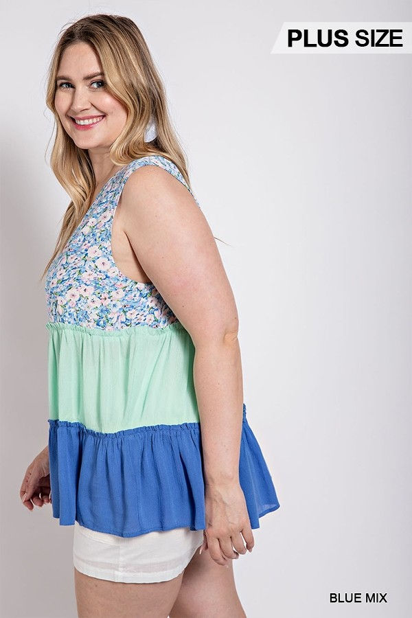 Thumbnail: Floral Color Block Ruffle Detail Tiered V-neck Top