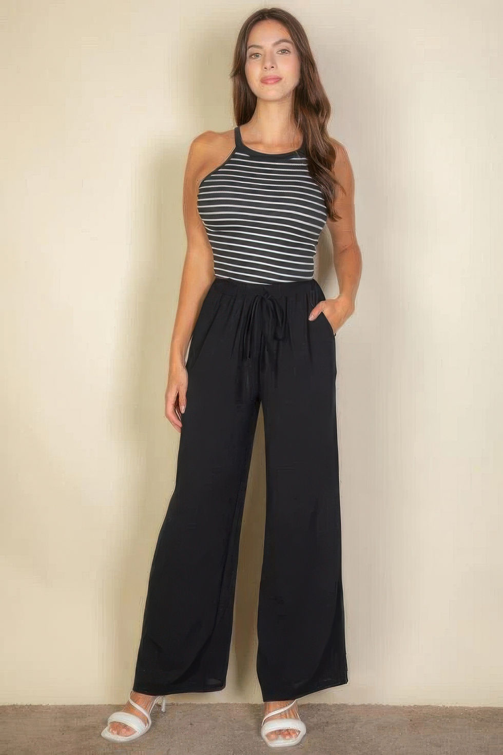 Thumbnail: Drawstring Waist Wide Leg Minimalist Pants