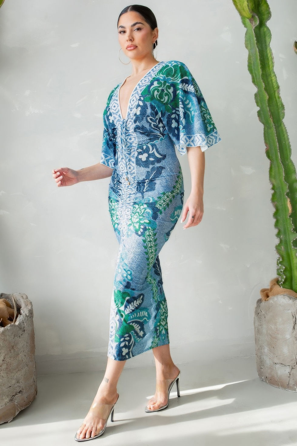 Thumbnail: Front Ruched V-neck Midi Dress