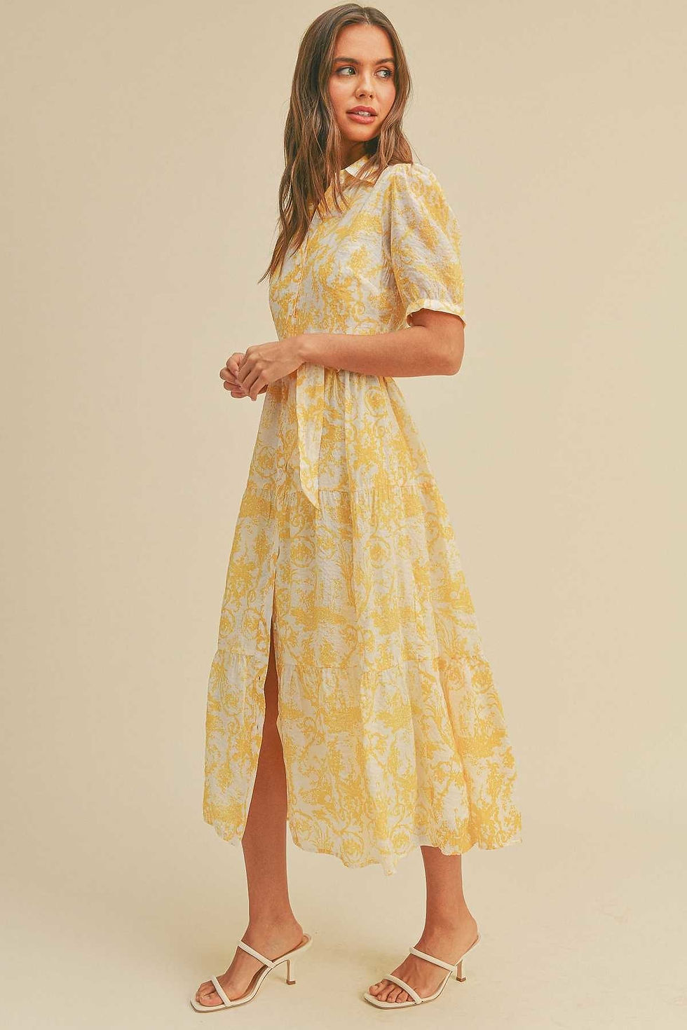 Thumbnail: Yellow - Button closure waist belt puff sleeve dress