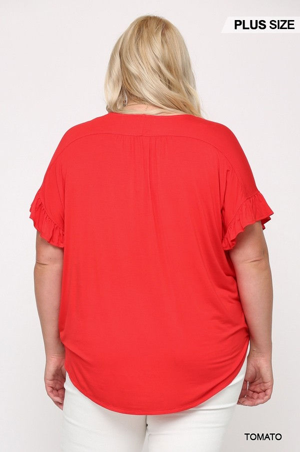 Thumbnail: Solid Viscose Knit Surplice Top With Ruffle Sleeve