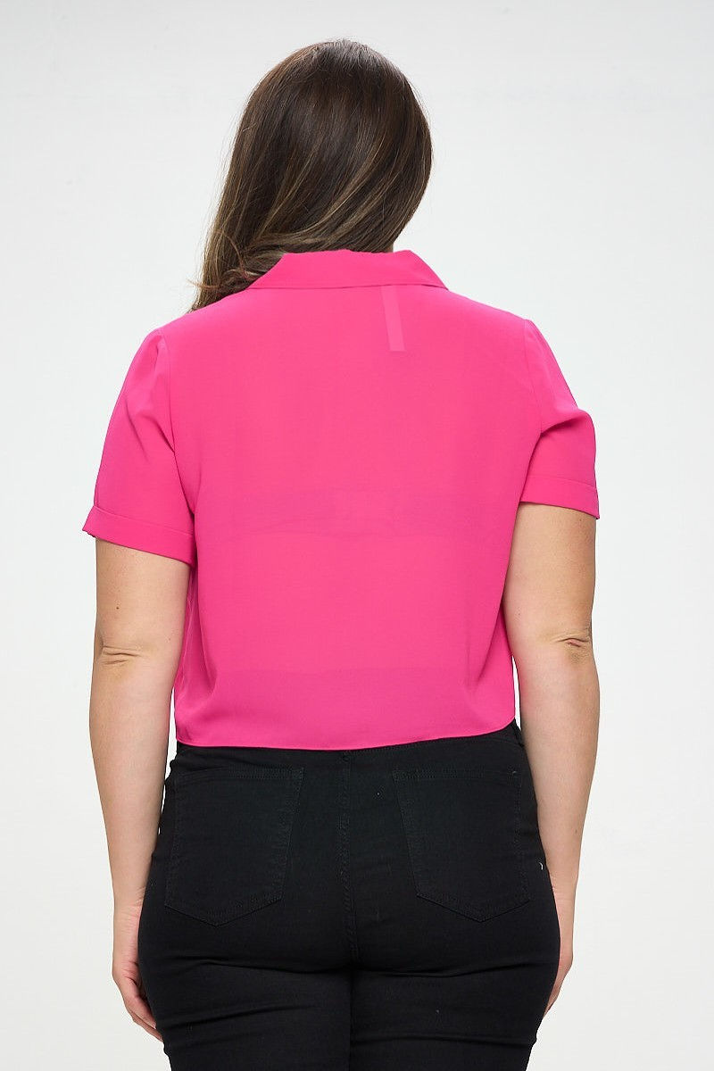 Thumbnail: Plus Solid Chiffon Button Down Tie Front Short Sleeve Top