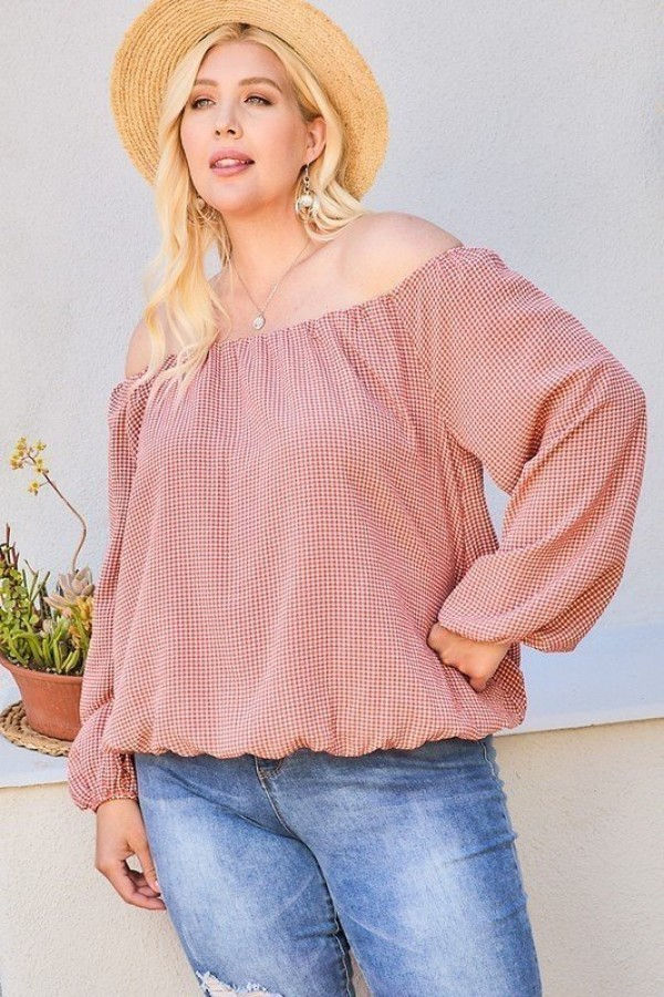 Thumbnail: Off Shoulder Long Bubble Sleeve Plaid Top