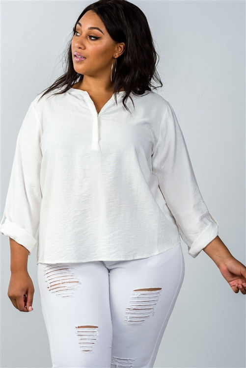 Thumbnail: Plus Size Oatmeal Stand-up Collar Roll Tab Sleeve Blouse