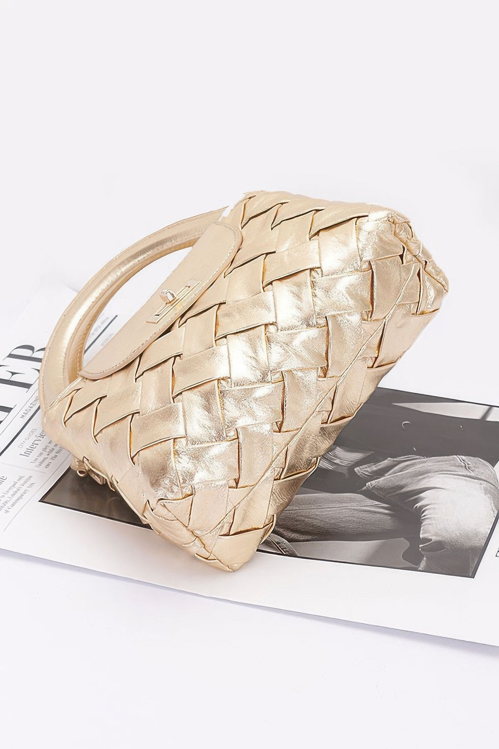 Thumbnail: Faux Metallic Leather Braided Embossed Handle Bag
