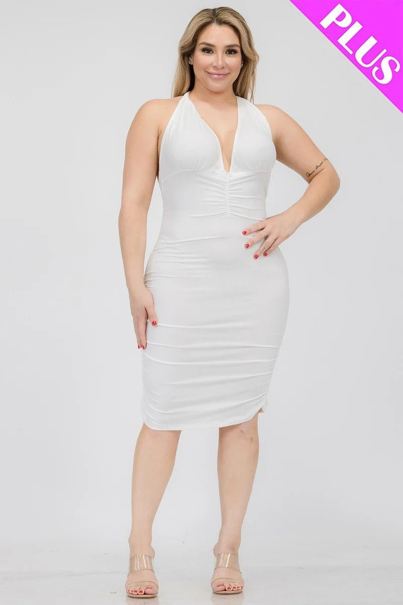 Thumbnail: Plus Plunging Neck Crisscross Back Ruched Bodycon Mini Dress