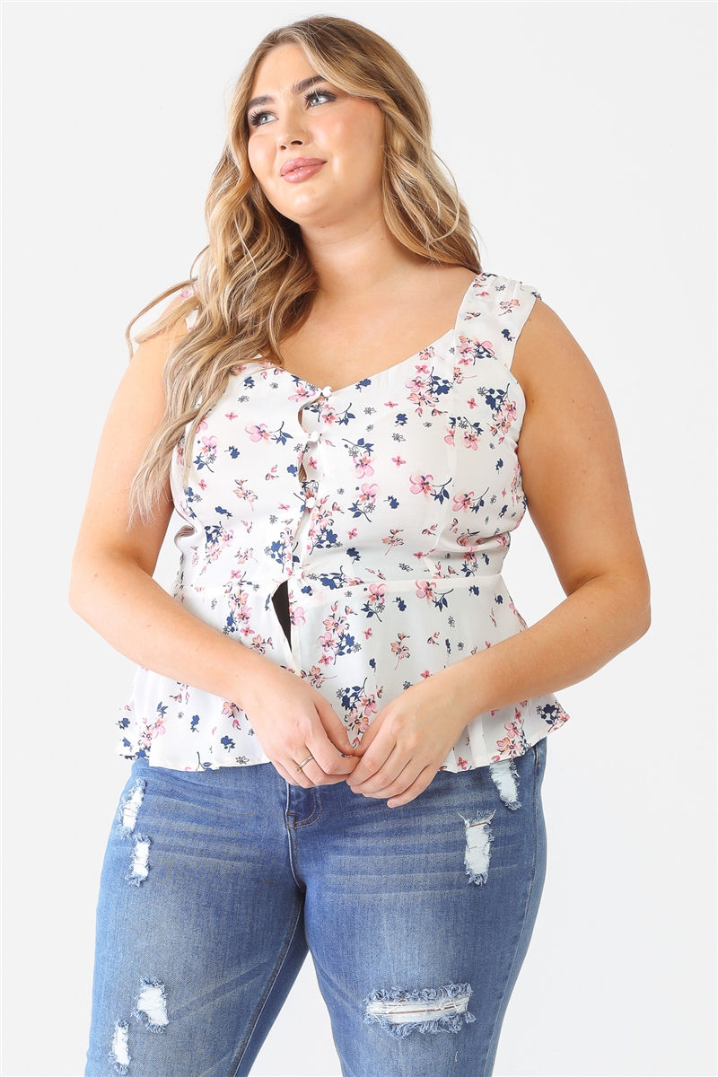 Thumbnail: Plus Floral Button-up Sleeveless Flare Hem Top