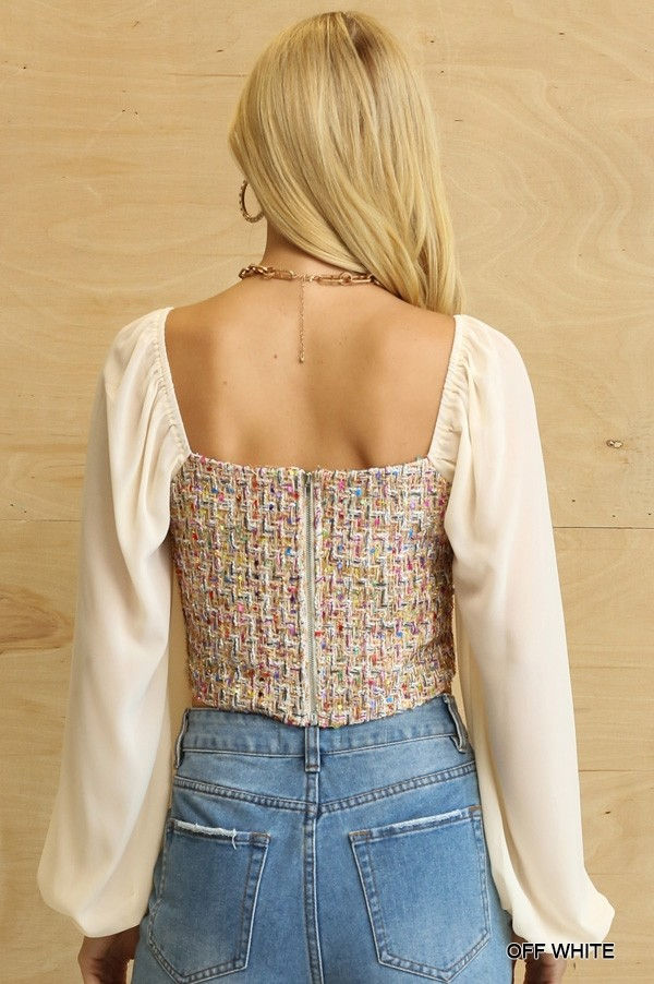 Thumbnail: Tweed Bodice And Chiffon Square Top With Back Zipper