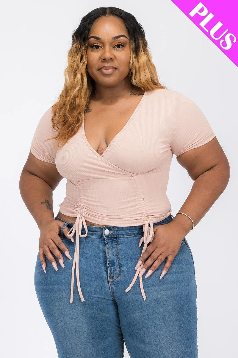 Thumbnail: Plus Ribbed Ruched Drawstring Surplice Top