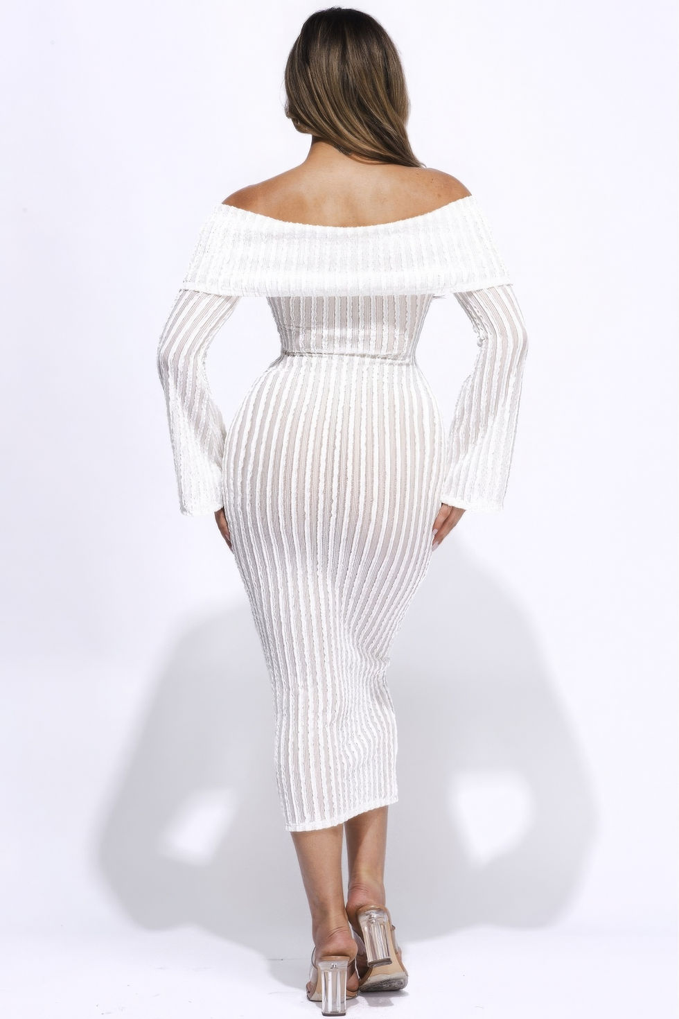 Thumbnail: Ruffled Fabric Off Shoulder Midi Dress With Flared Sleeve