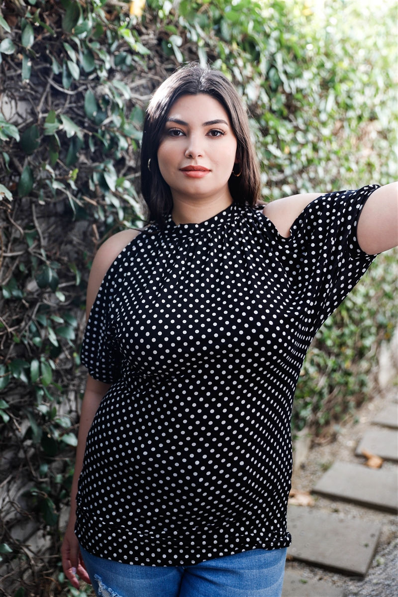 Thumbnail: Plus Polka Dot Cold Shoulder Short Sleeve Back Self-tie Top