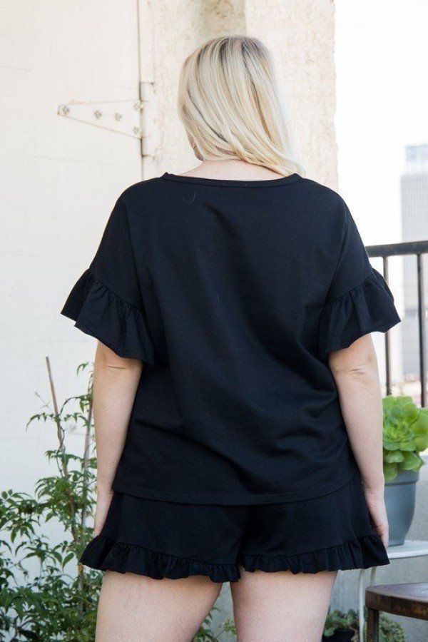 Thumbnail: Round Neck Ruffle Sleeve Side Slit French Terry Top