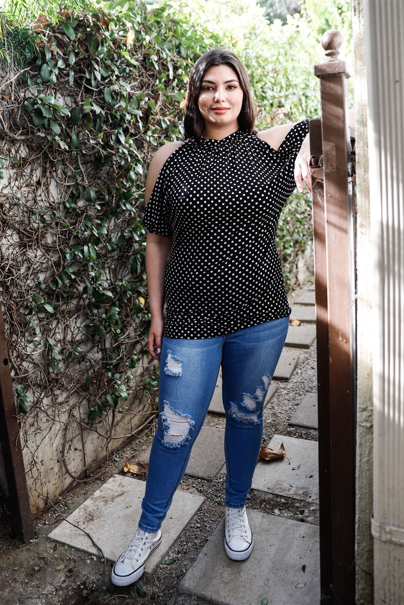 Thumbnail: Plus Polka Dot Cold Shoulder Short Sleeve Back Self-tie Top