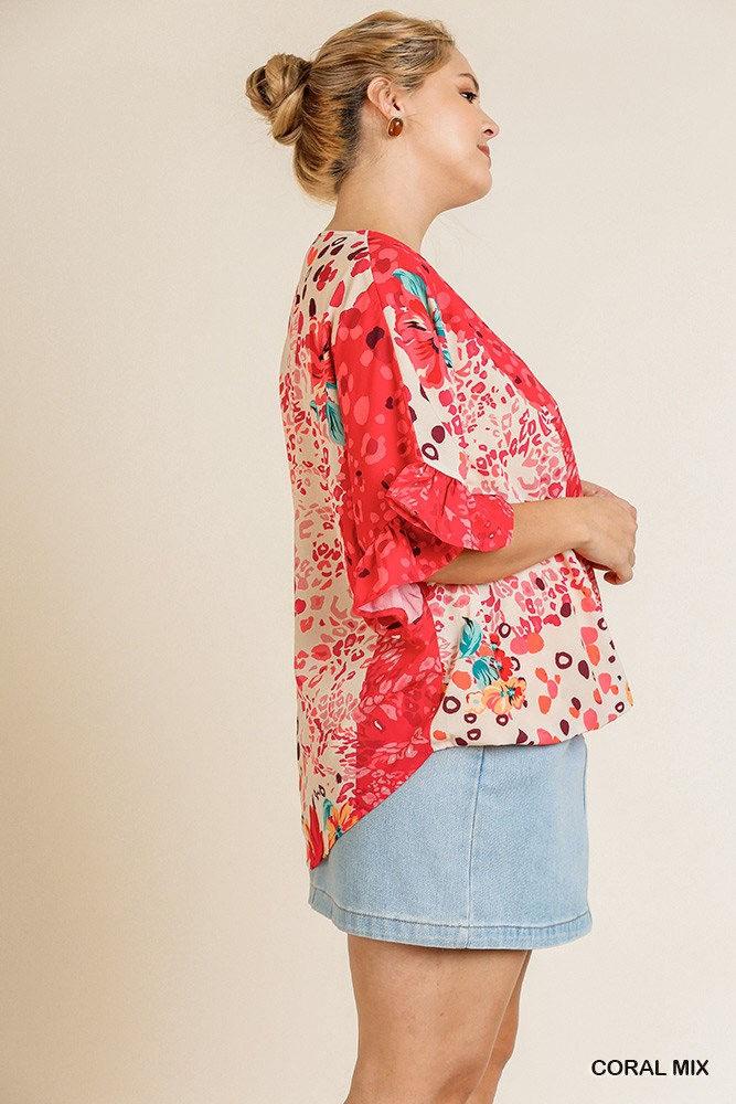 Thumbnail: Floral Animal Mixed Print Ruffle Sleeve V-neck Crossbody Top With Scoop Hem
