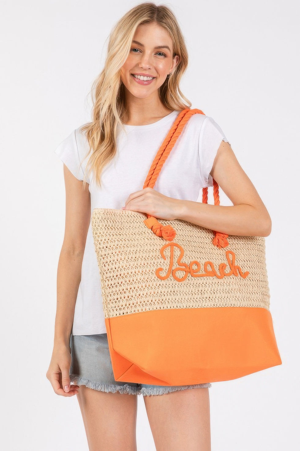 Thumbnail: Color Sewn Rope Beach Letter And Strap Crochet Fabric Tote