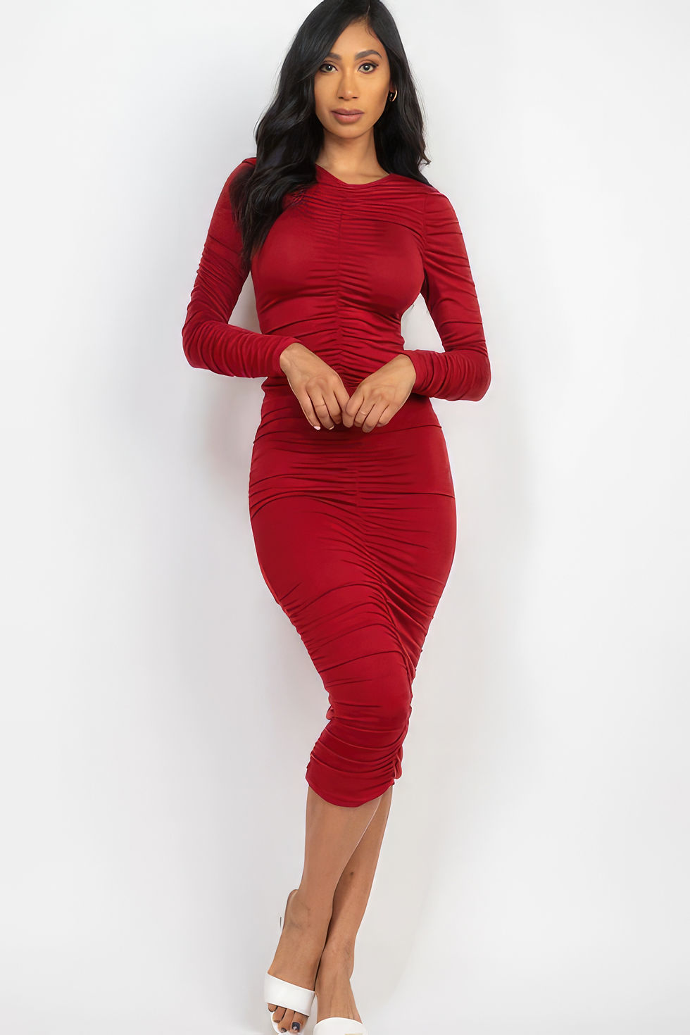 Thumbnail: Ruched Long Sleeve Midi Dress