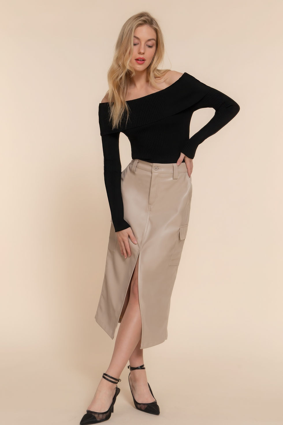 Thumbnail: Faux Leather Midi Cargo Skirt