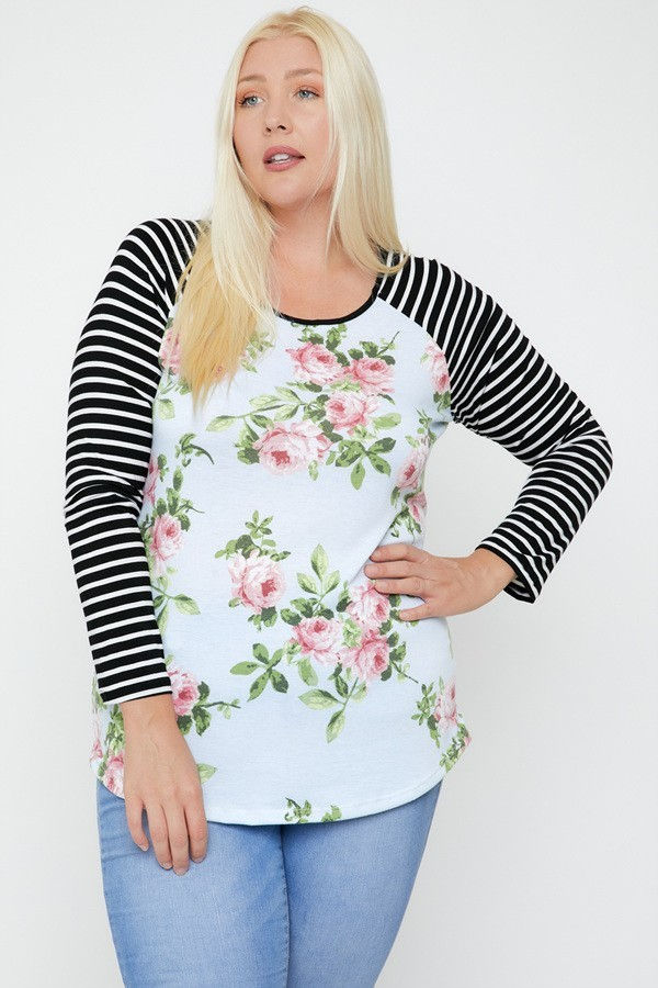 Thumbnail: Floral Top Featuring Raglan Style Striped Sleeves And A Round Neck