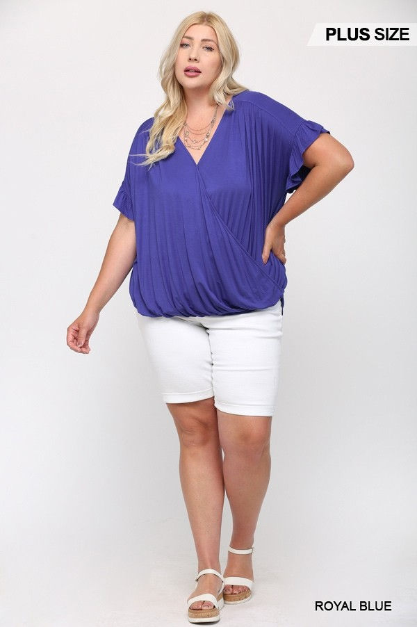 Thumbnail: Solid Viscose Knit Surplice Top With Ruffle Sleeve