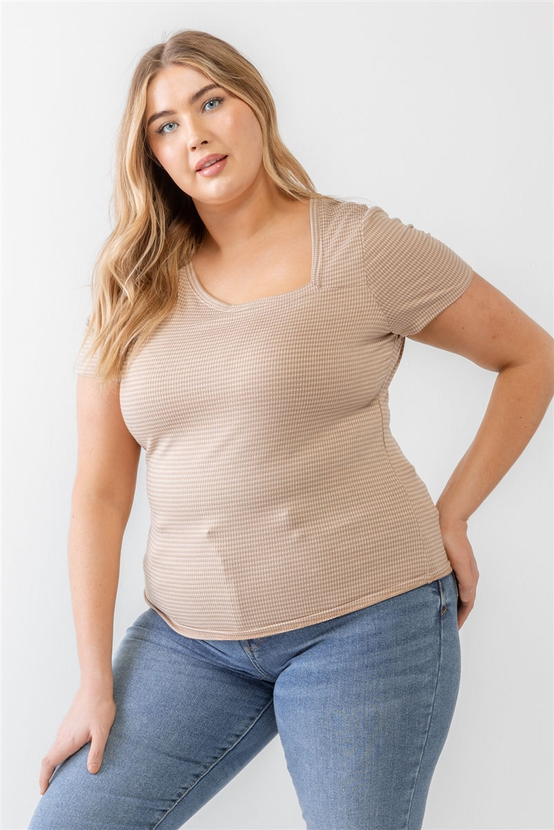 Thumbnail: Plus Taupe Waffle Knit Angled Neck Short Sleeve Top