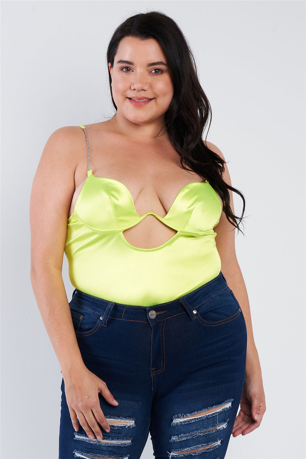 Thumbnail: Plus Size Silk Chain Spaghetti Strap High Thong Center Cut Out Bodysuit