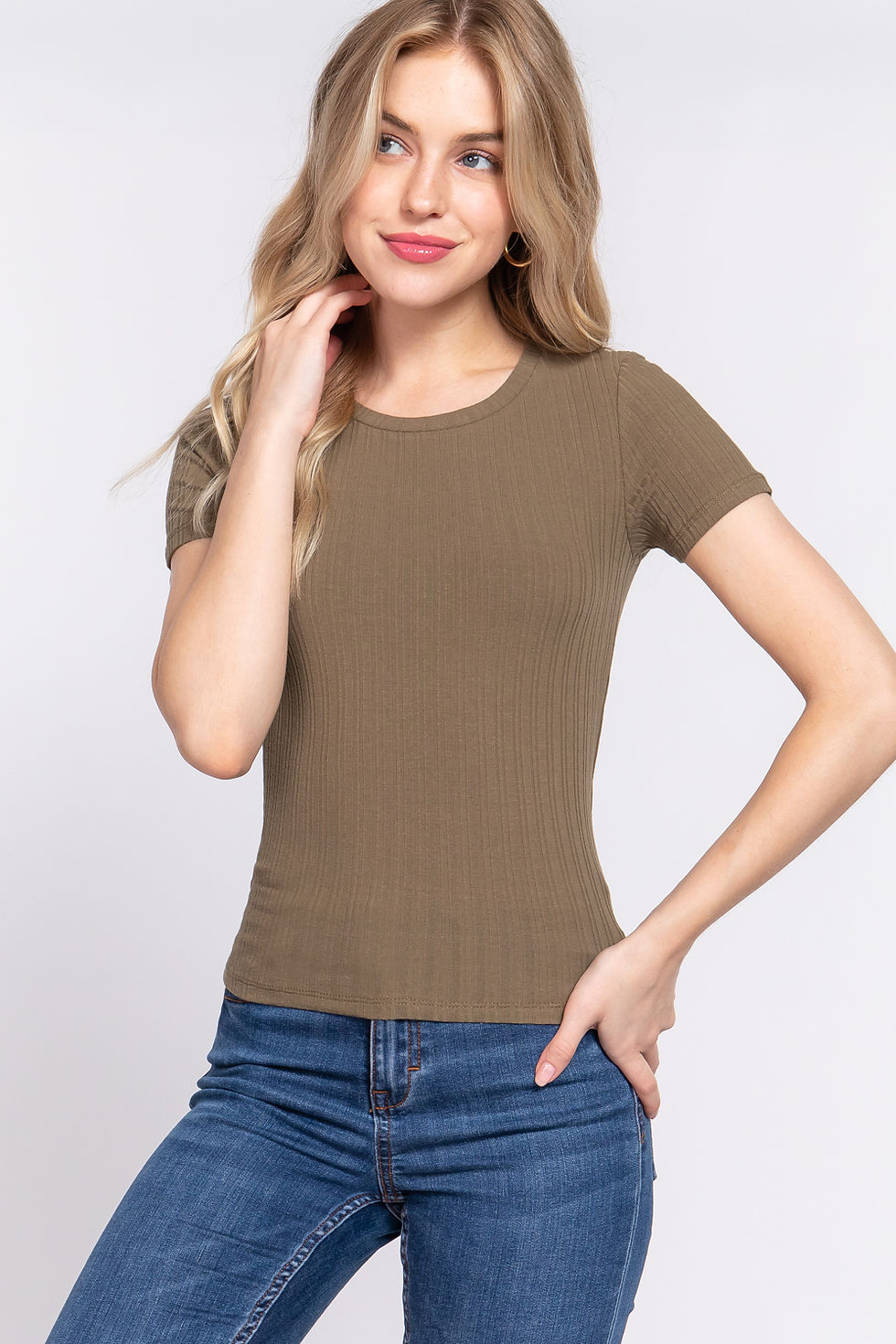 Thumbnail: Short Slv Crew Neck Variegated Rib Knit Top