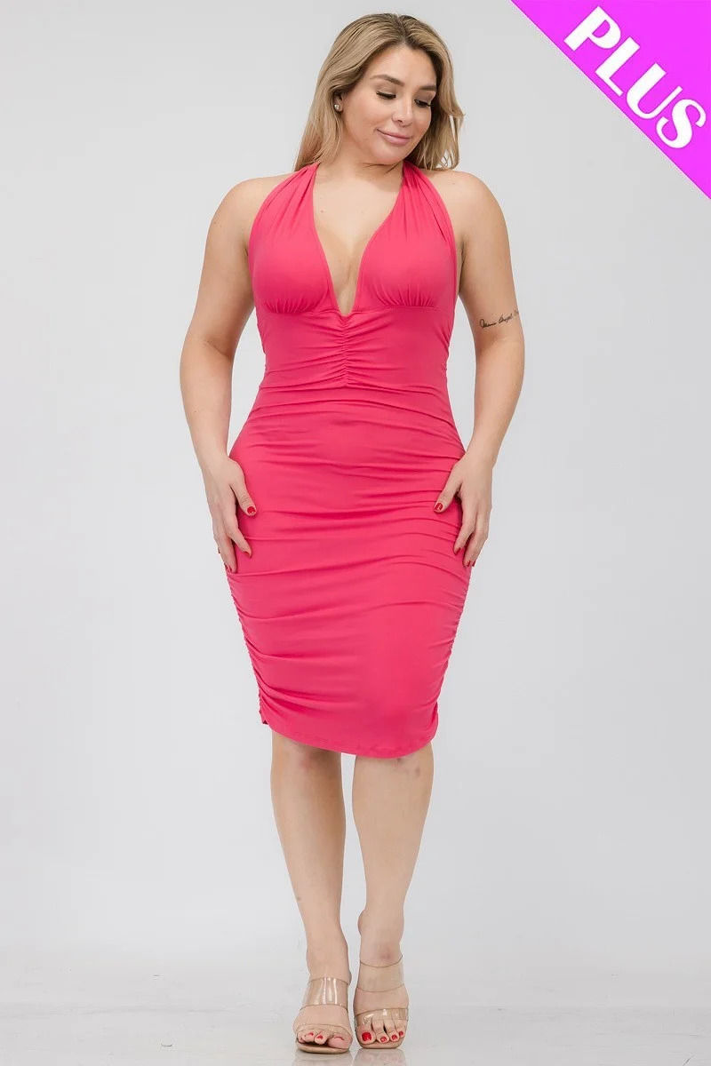Thumbnail: Plus Plunging Neck Crisscross Back Ruched Bodycon Mini Dress