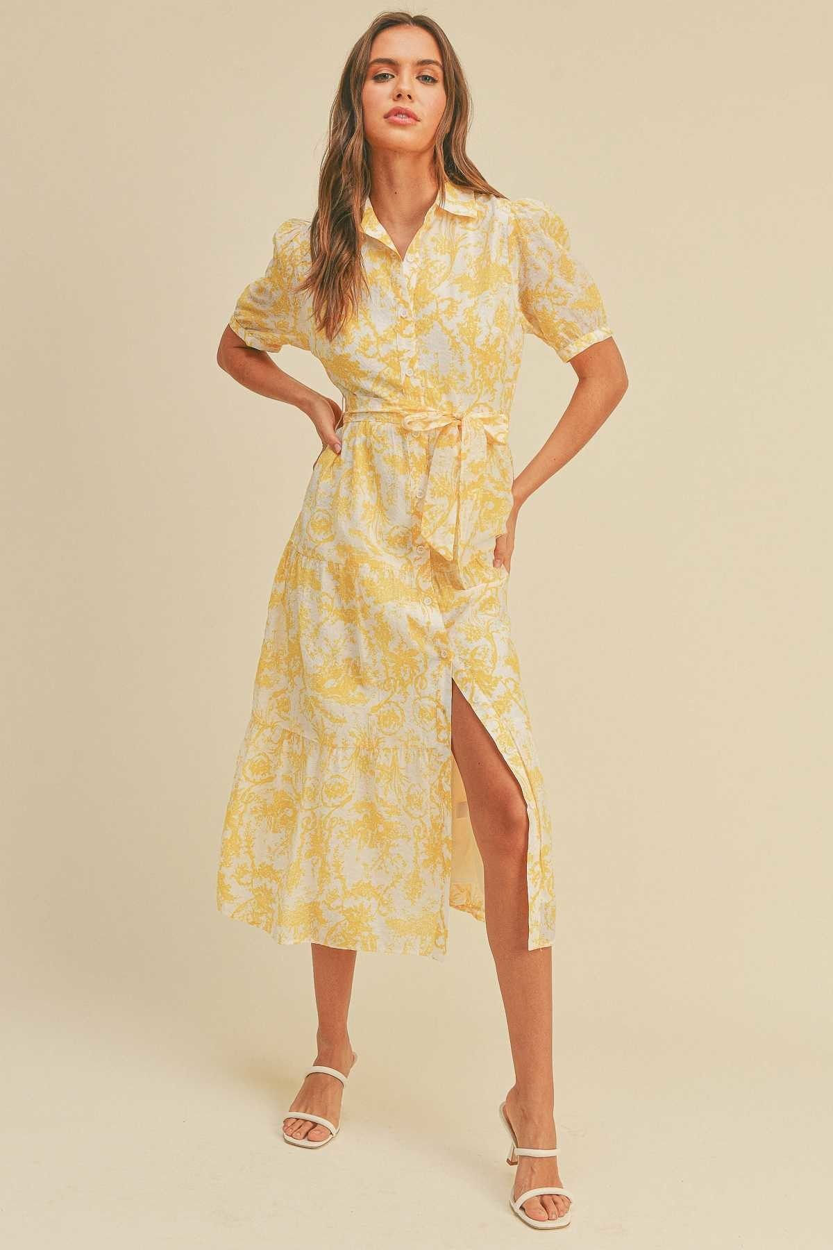 Yellow - Button closure waist belt puff sleeve dress