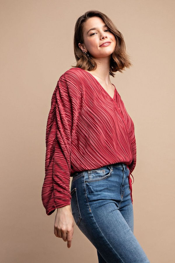 Thumbnail: Satin Pleated Drawstring Top With Snap Button