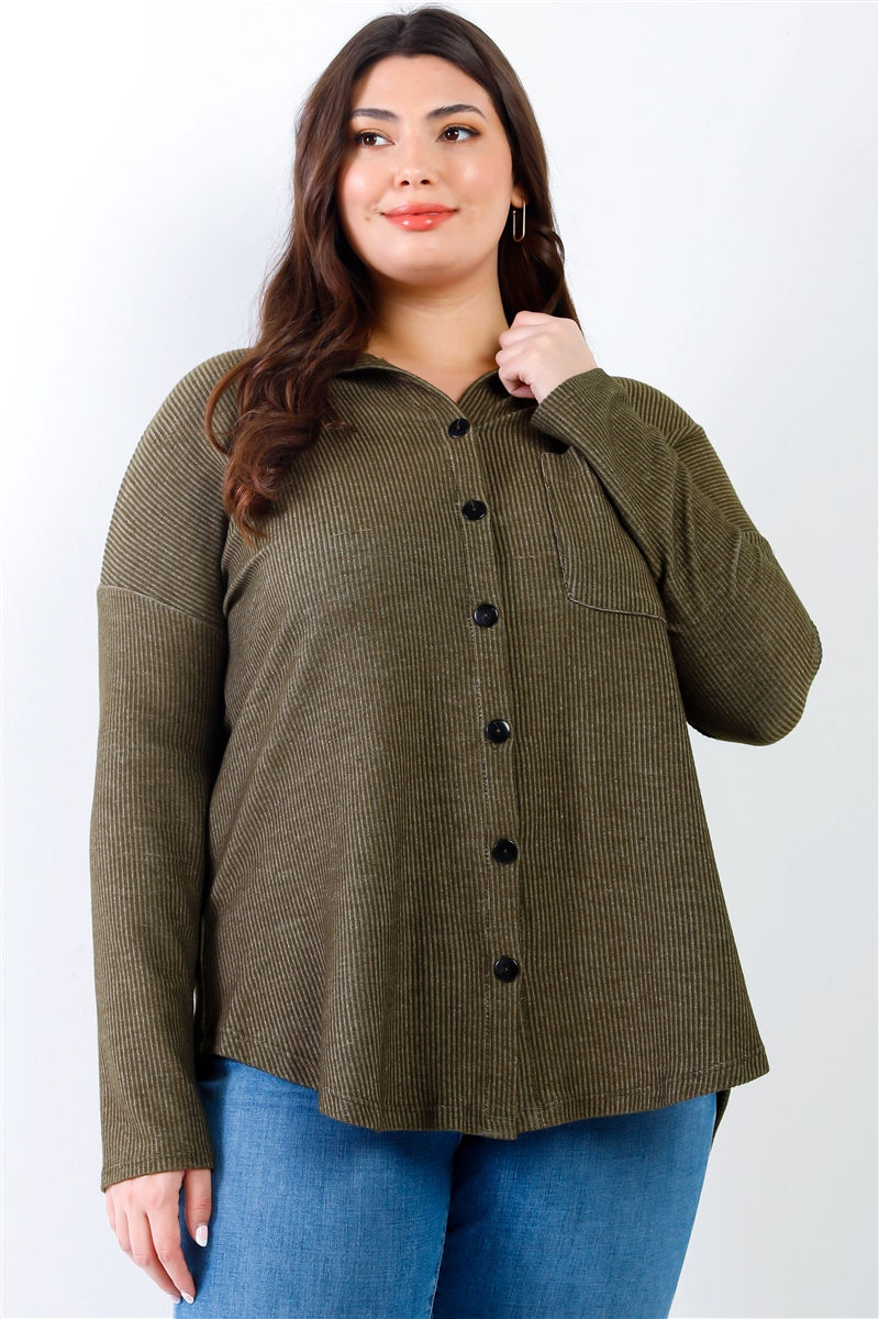 Thumbnail: Plus Black Ribbed Collared Button Up Shirt Top