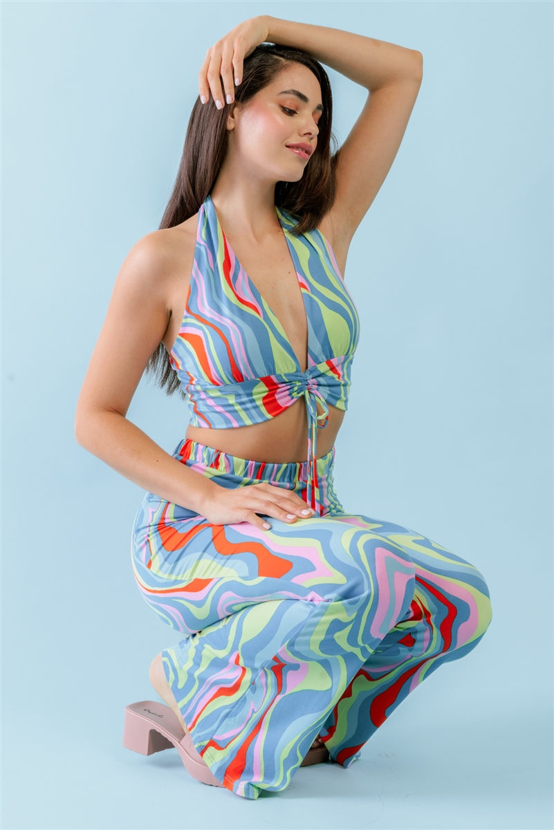 Thumbnail: Multicolor Abstract Print Halter V-neck Ruched Open Back Crop Top & High Wai...