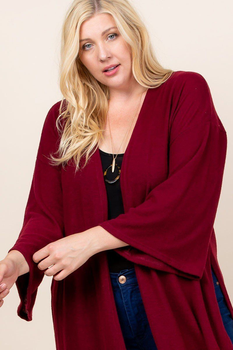 Thumbnail: Plus Size Solid Hacci Brush Open Front Long Cardigan With Bell Sleeves