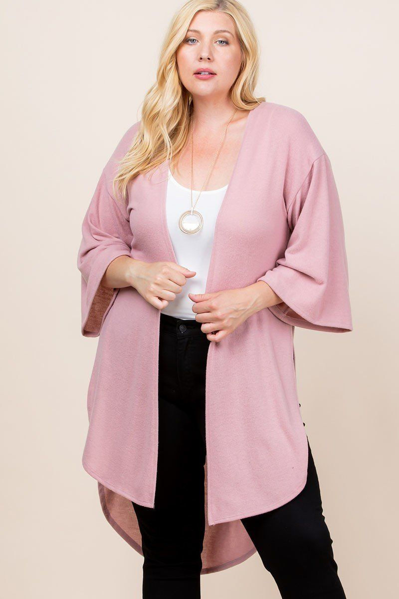 Thumbnail: Plus Size Solid Hacci Brush Open Front Long Cardigan With Bell Sleeves