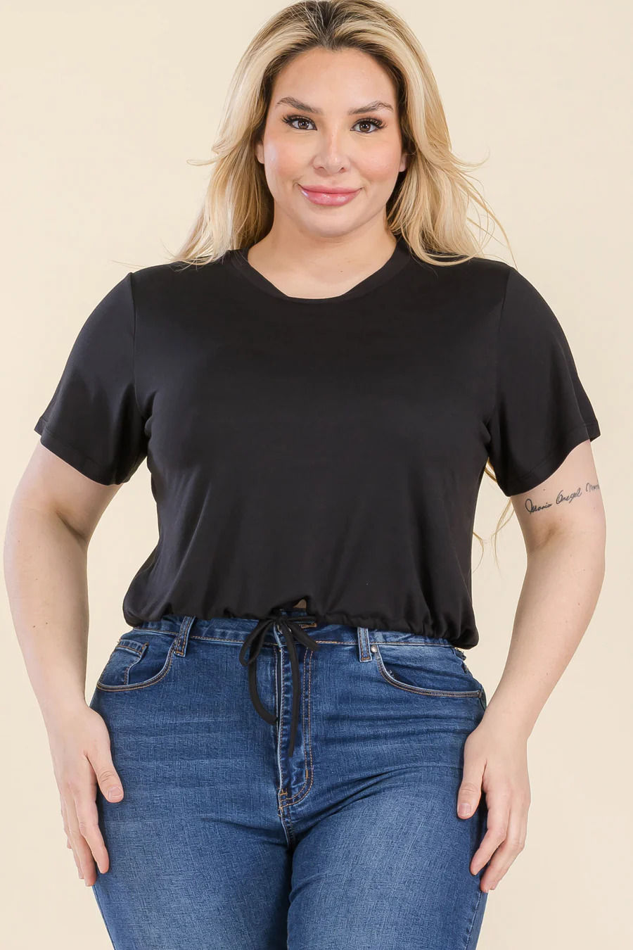 Thumbnail: Plus Size Tie Front Drawstring Short Sleeve Crop Top
