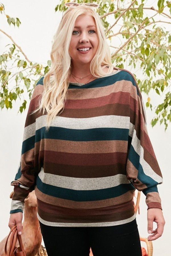 Thumbnail: Boat Neck Long Bubble Sleeve Multi Stripe Print Knit Top