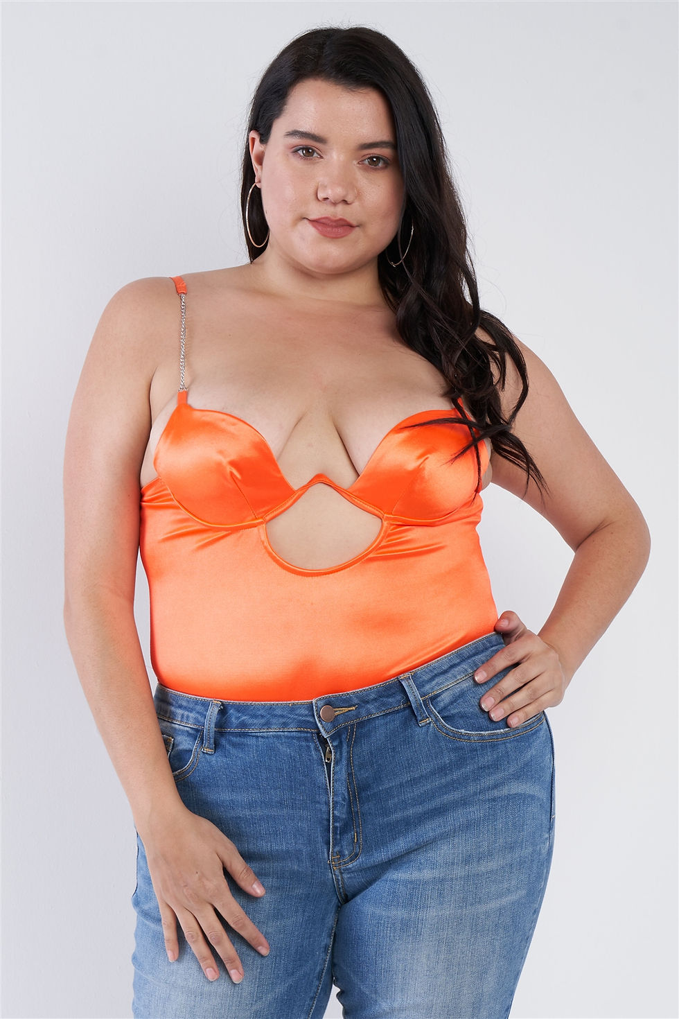 Thumbnail: Plus Size Silk Chain Spaghetti Strap High Thong Center Cut Out Bodysuit