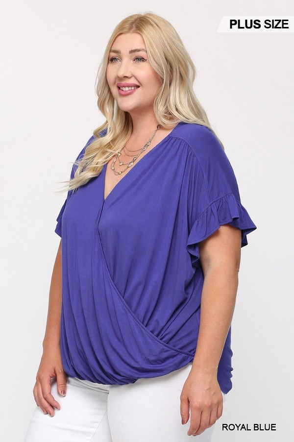 Thumbnail: Solid Viscose Knit Surplice Top With Ruffle Sleeve
