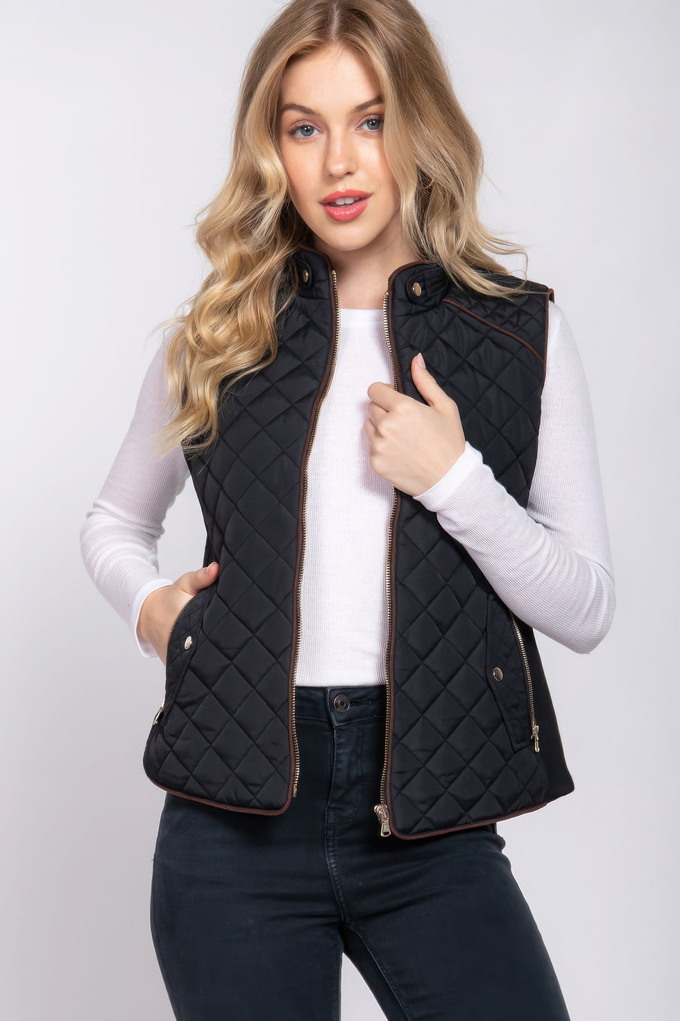 Thumbnail: Suede Piping Quilted Padding Vest