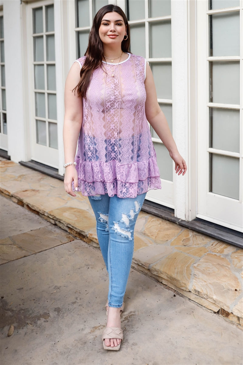 Thumbnail: Plus  Lace Sheer Ruffle Hem Sleeveless Maxi Top