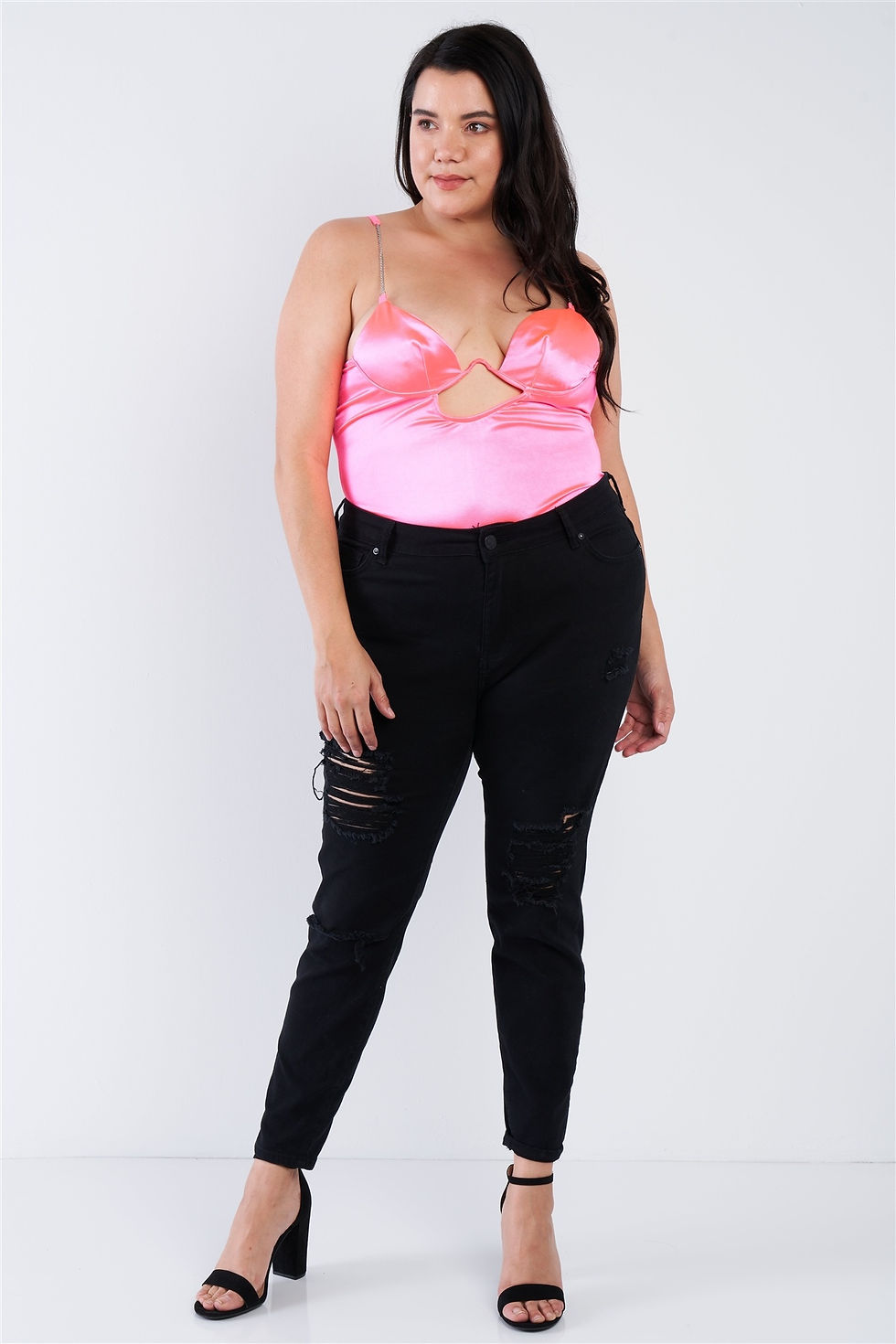 Thumbnail: Plus Size Silk Chain Spaghetti Strap High Thong Center Cut Out Bodysuit