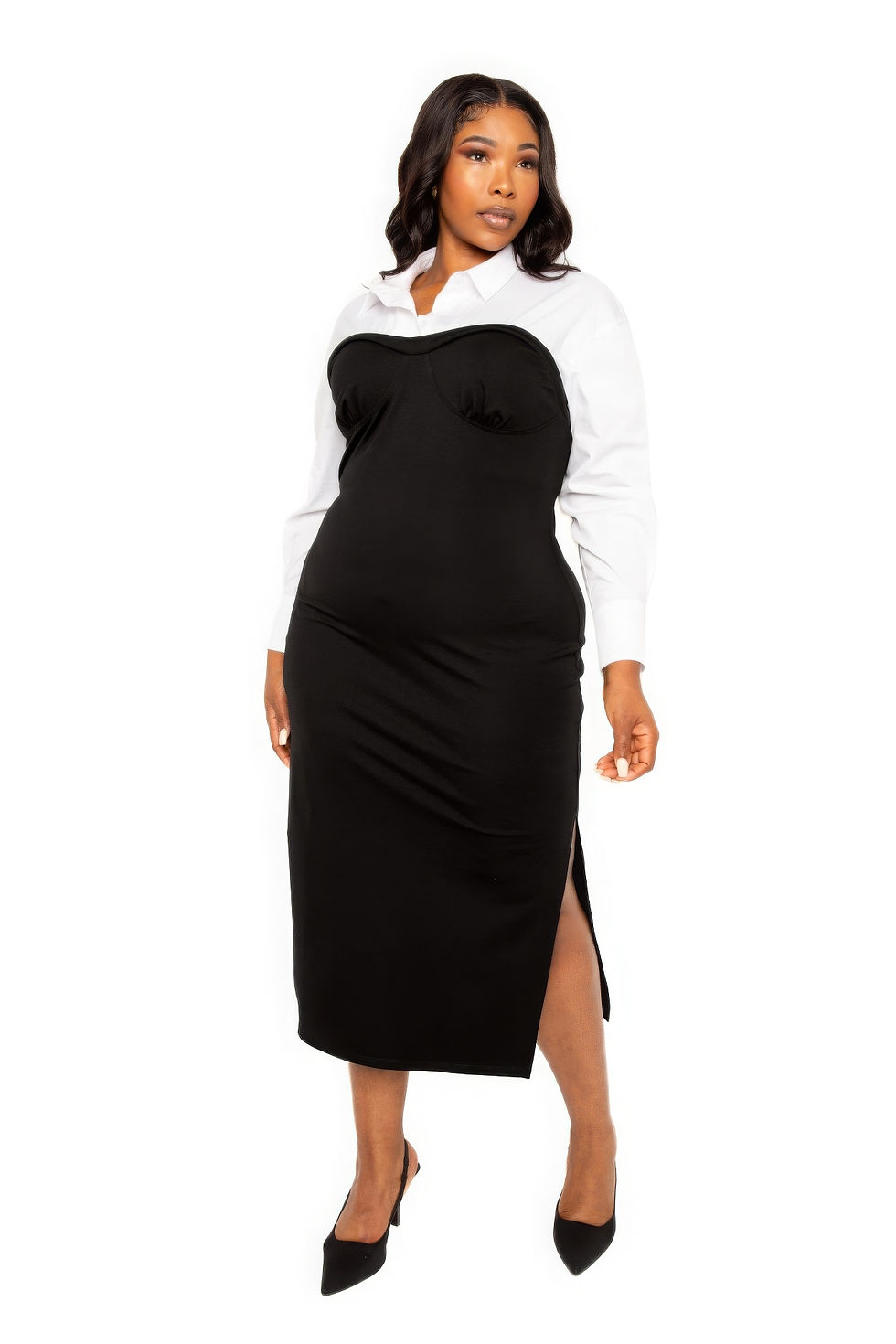 Thumbnail: Collared Shirt Bodycon Midi Dress With Side Slit