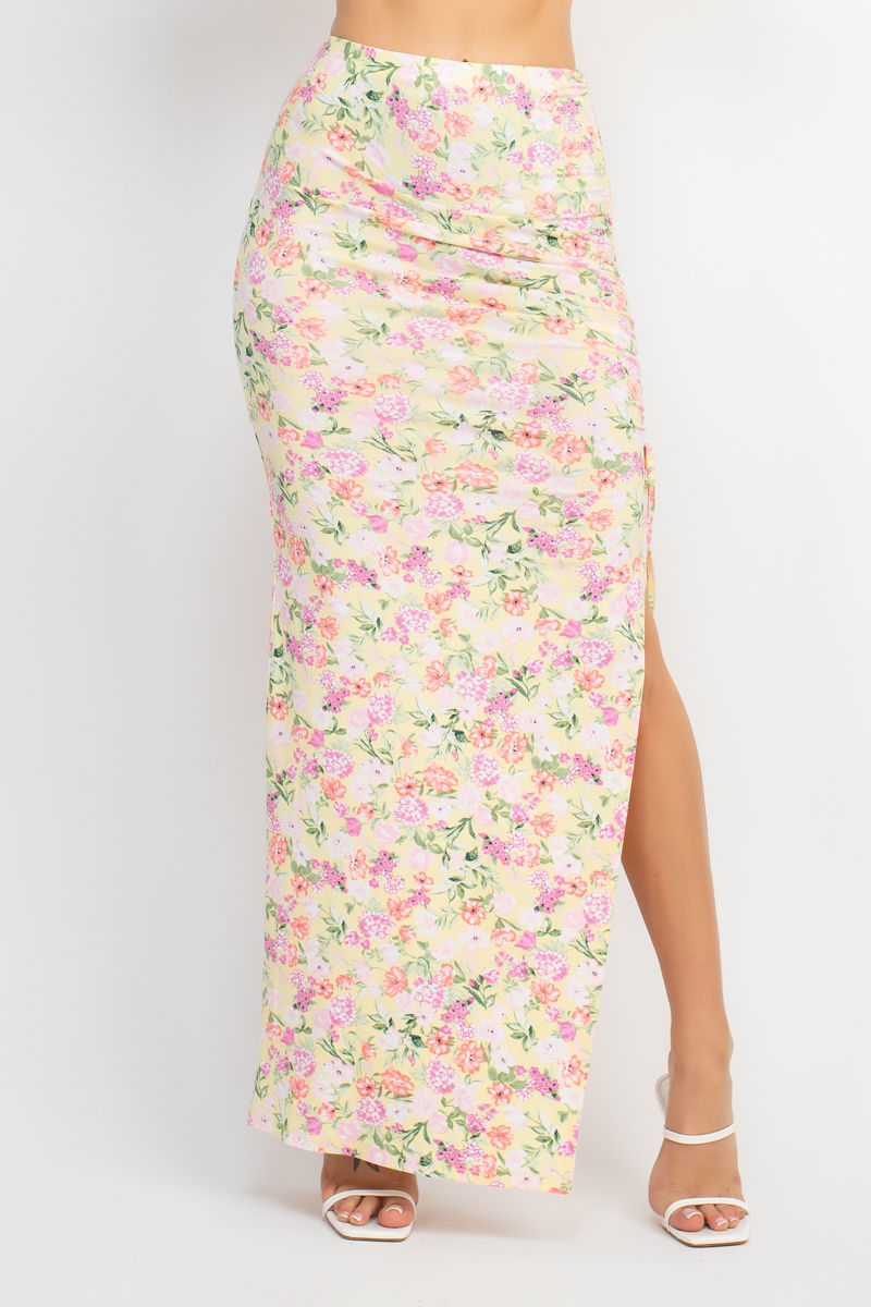 Thumbnail: Front Knot Floral Top & Ruched Maxi Skirts Set