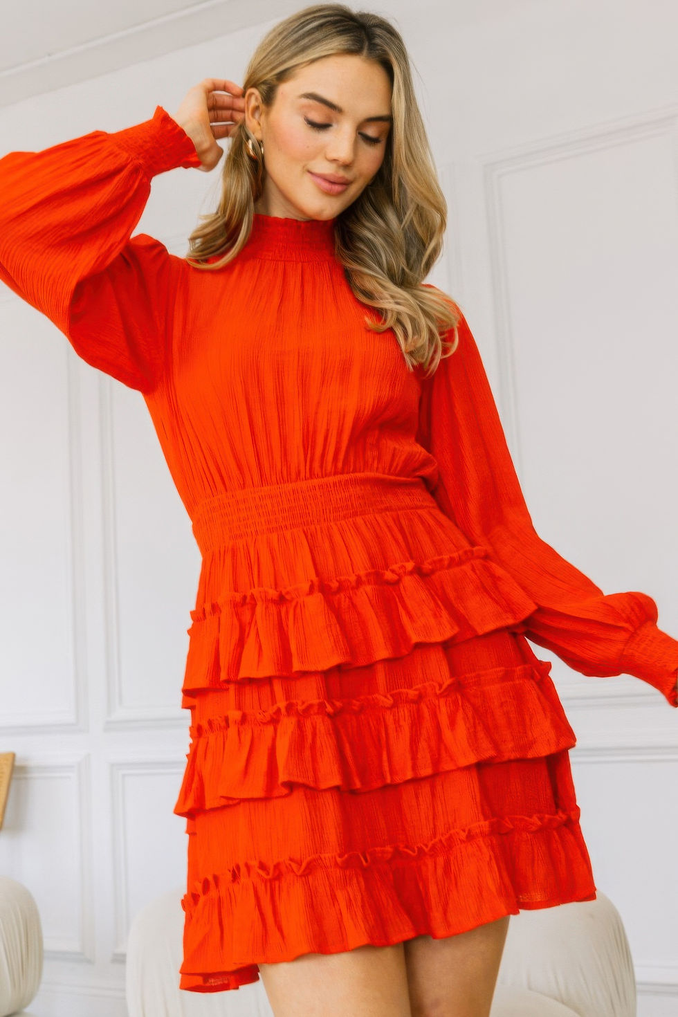 Thumbnail: Long Sleeve Smocked Neck Tiered Ruffle Mini Dress         