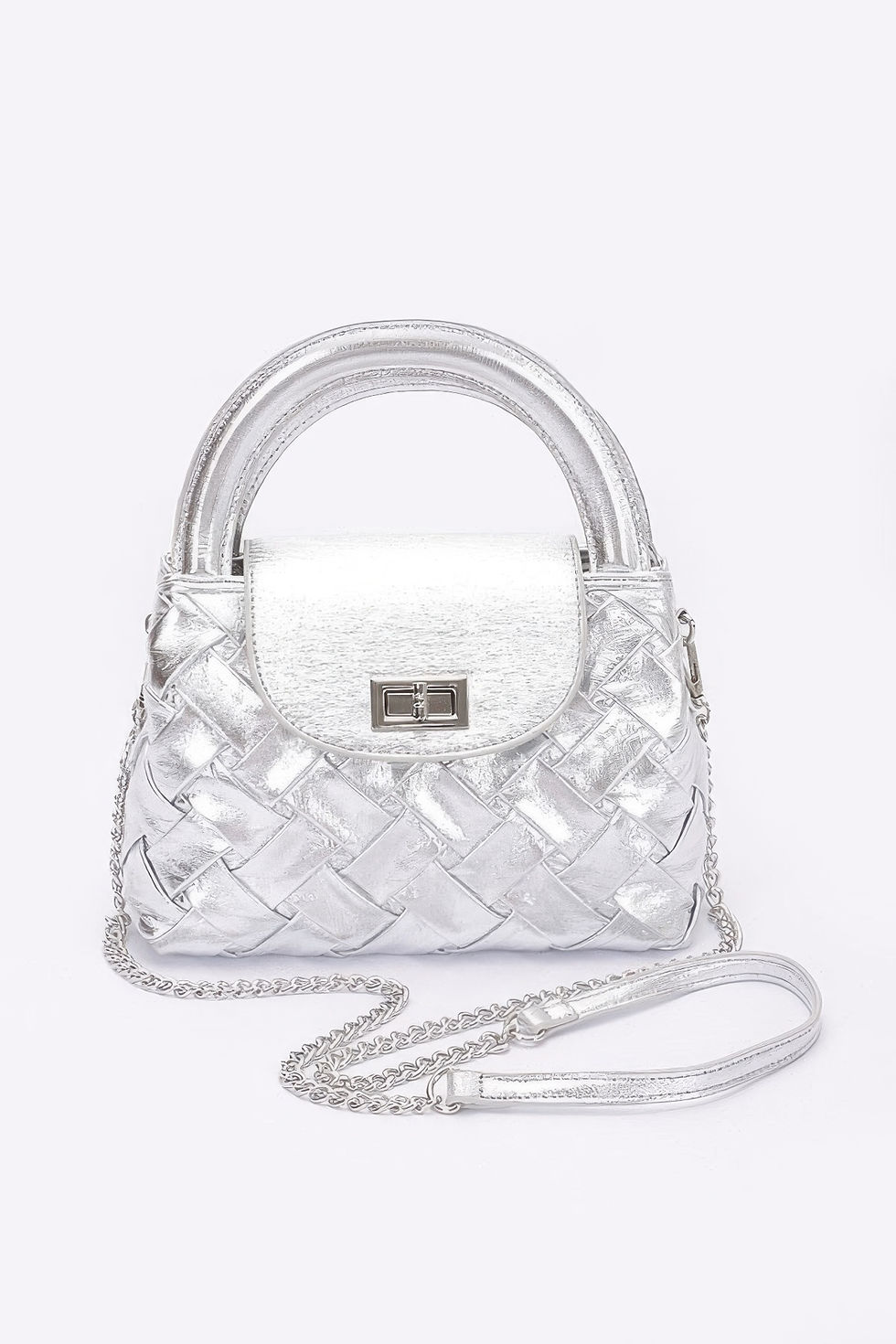 Thumbnail: Faux Metallic Leather Braided Embossed Handle Bag