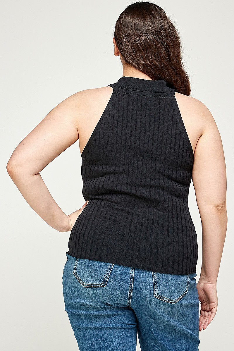Thumbnail: Plus Size, Solid Ribbed Knit Polo Sleeveless Top